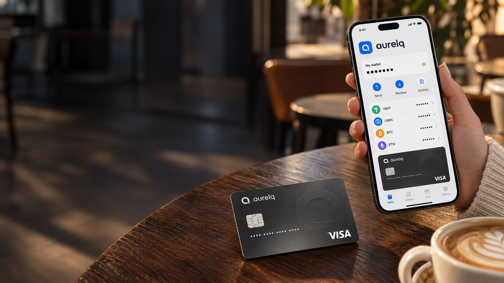 AURELQ App 钱包界面与带品牌 Logo、芯片及 Visa 标识的 Crypto Card